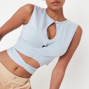 MISSGUIDED baby blue rib cut out tie waist crop top, size UK6